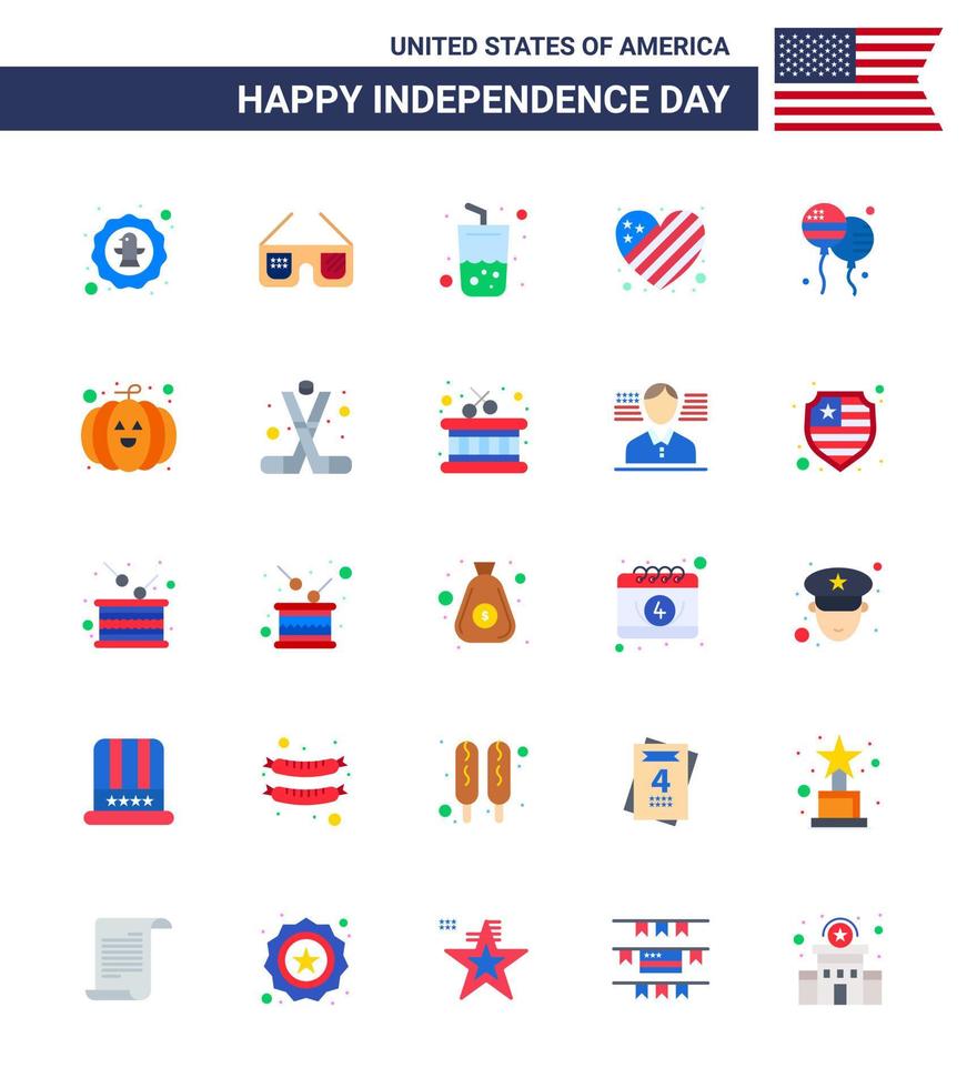 Flat Pack of 25 USA Independence Day Symbols of bloon heart usa flag cola Editable USA Day Vector Design Elements