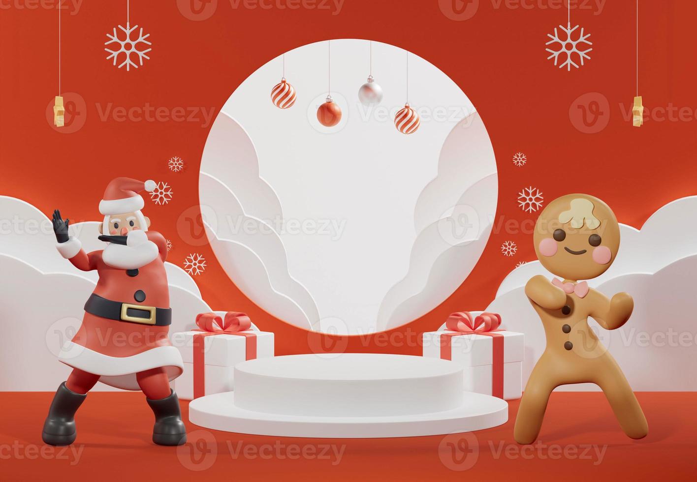 White podium Christmas, red background, Santa and Cookie Man are dancing. papercut clouds photo