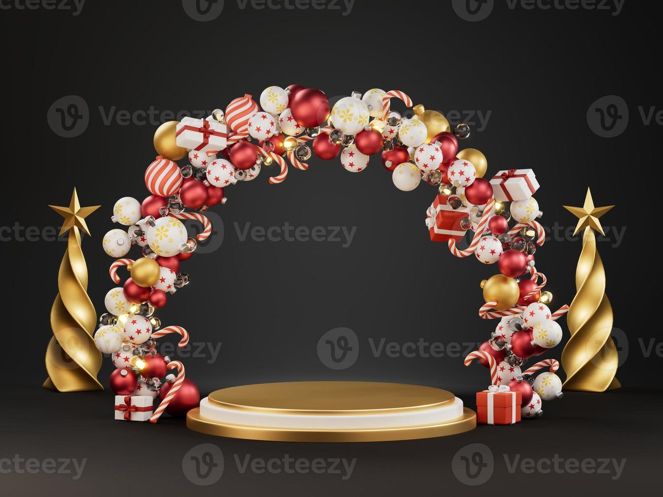 Christmas Wreath Presentation Podium, pine gold backdrop. 3D Render photo
