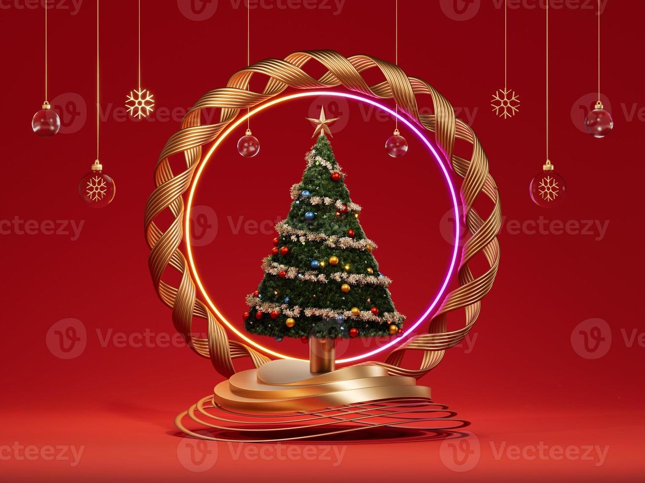 Red background with Gold podium and Christmas trees for product. Christmas celebration 2022. 3D rendering. photo