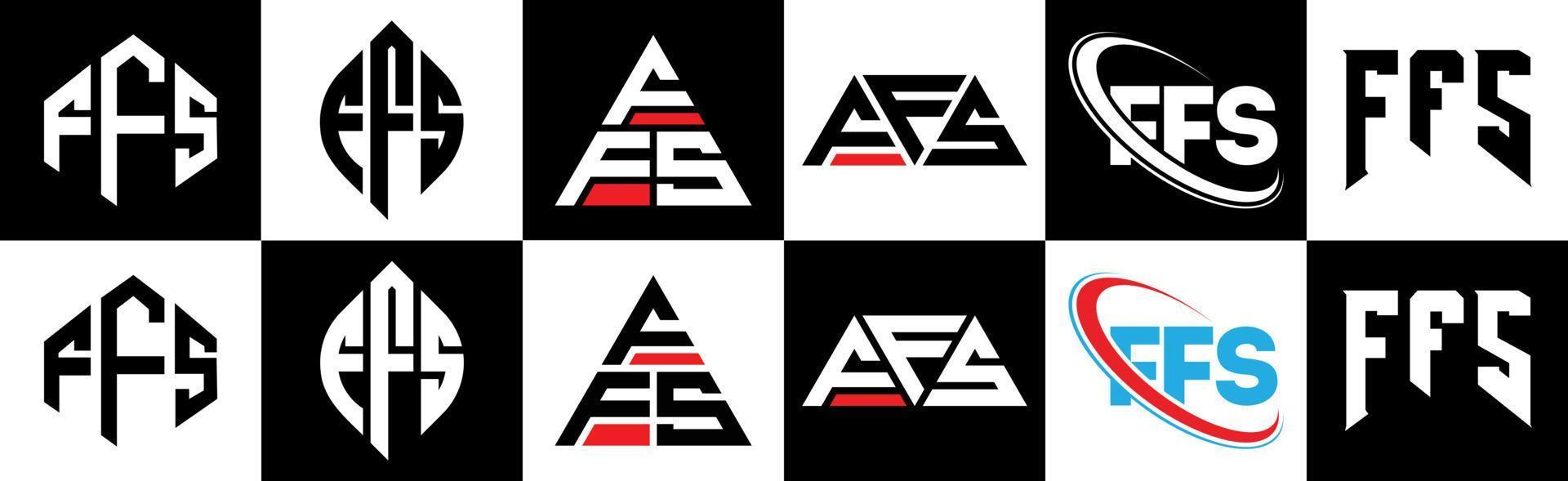 diseño de logotipo de letra ffs en seis estilos. ffs polígono, círculo, triángulo, hexágono, estilo plano y simple con logotipo de letra de variación de color blanco y negro en una mesa de trabajo. logotipo minimalista y clásico de ffs vector