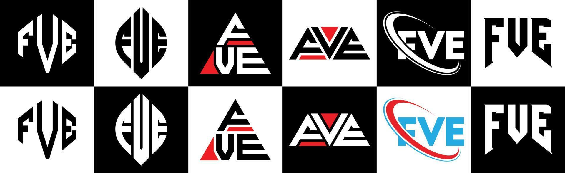 FVE letter logo design in six style. FVE polygon, circle, triangle, hexagon, flat and simple style with black and white color variation letter logo set in one artboard. FVE minimalist and classic logo vector