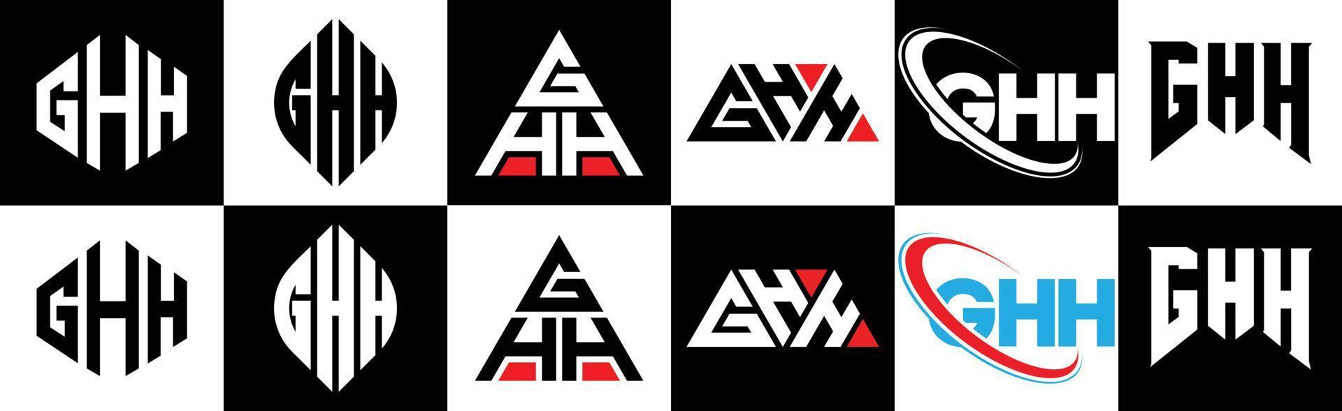 diseño del logotipo de la letra ghh en seis estilos. polígono ghh, círculo, triángulo, hexágono, estilo plano y simple con logotipo de letra de variación de color blanco y negro en una mesa de trabajo. logotipo minimalista y clásico de ghh vector