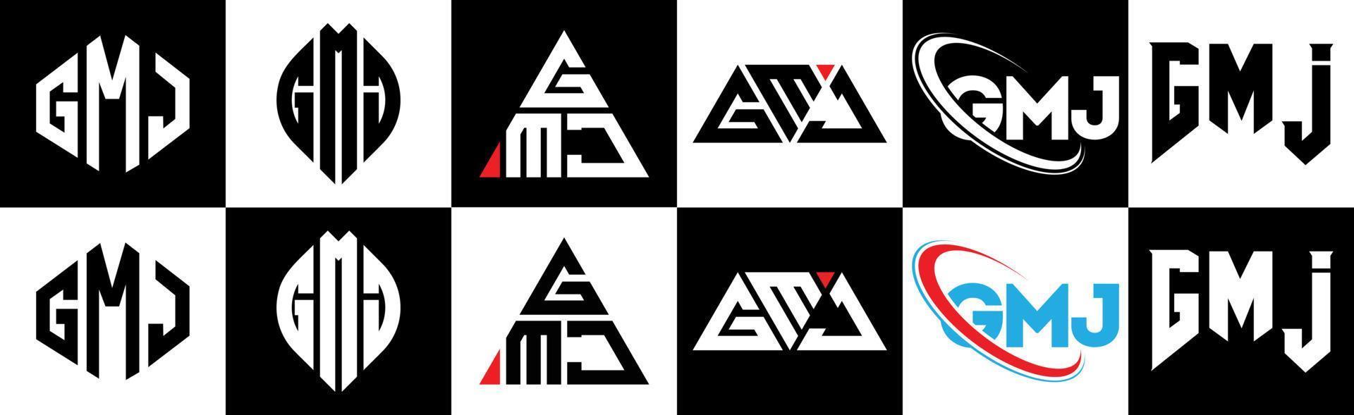 GMJ letter logo design in six style. GMJ polygon, circle, triangle, hexagon, flat and simple style with black and white color variation letter logo set in one artboard. GMJ minimalist and classic logo vector