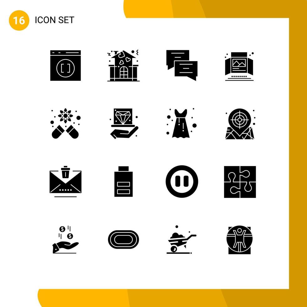 Pack of 16 creative Solid Glyphs of medicine tabletop display chat print ad advertisement Editable Vector Design Elements