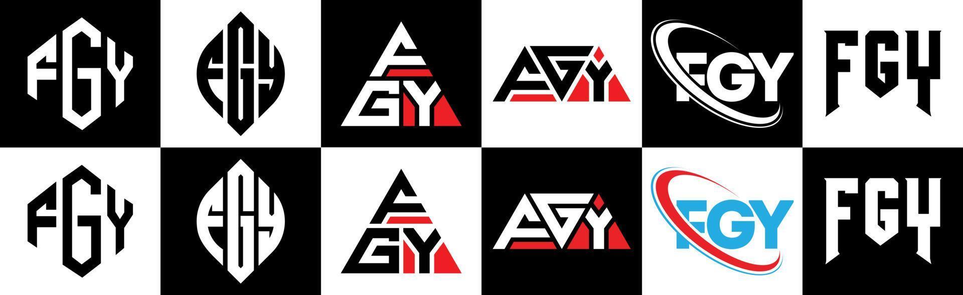 diseño de logotipo de letra fgy en seis estilos. fgy polígono, círculo, triángulo, hexágono, estilo plano y simple con logotipo de letra de variación de color blanco y negro en una mesa de trabajo. fgy logotipo minimalista y clásico vector