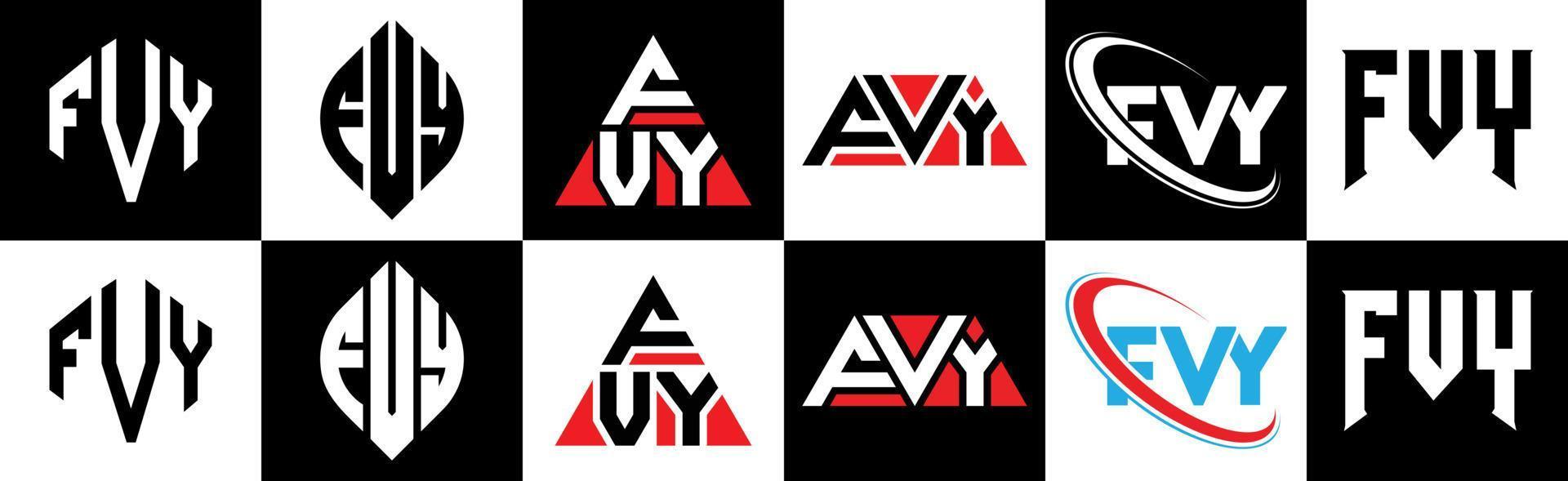 FVY letter logo design in six style. FVY polygon, circle, triangle, hexagon, flat and simple style with black and white color variation letter logo set in one artboard. FVY minimalist and classic logo vector