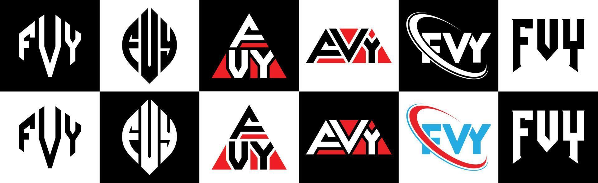 diseño de logotipo de letra fvy en seis estilos. fvy polígono, círculo, triángulo, hexágono, estilo plano y simple con logotipo de letra de variación de color blanco y negro en una mesa de trabajo. logo fvy minimalista y clásico vector