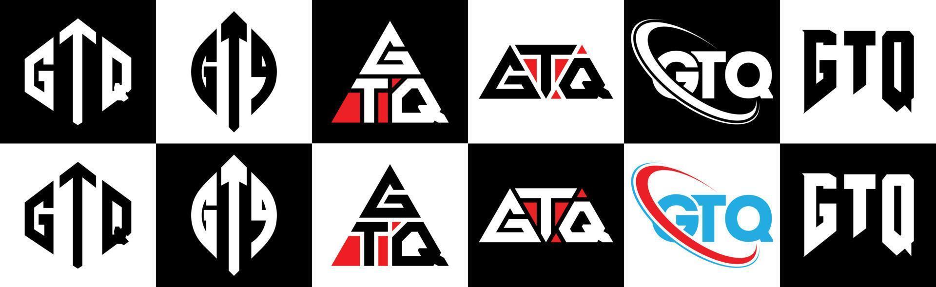 diseño de logotipo de letra gtq en seis estilos. polígono gtq, círculo, triángulo, hexágono, estilo plano y simple con logotipo de letra de variación de color blanco y negro en una mesa de trabajo. logotipo minimalista y clásico de gtq vector