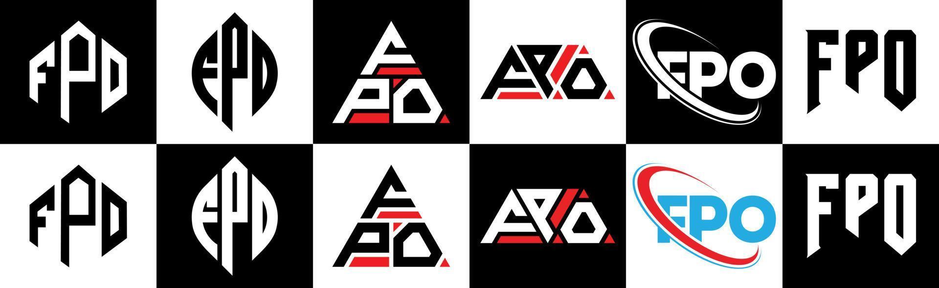 FPO letter logo design in six style. FPO polygon, circle, triangle, hexagon, flat and simple style with black and white color variation letter logo set in one artboard. FPO minimalist and classic logo vector
