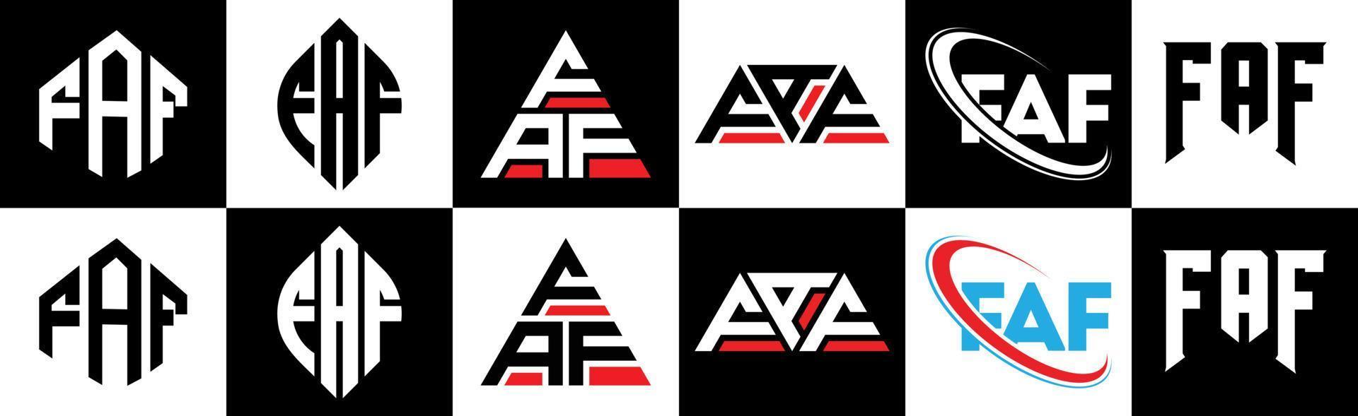 diseño de logotipo de letra faf en seis estilos. faf polígono, círculo, triángulo, hexágono, estilo plano y simple con logotipo de letra de variación de color blanco y negro en una mesa de trabajo. logotipo faf minimalista y clásico vector