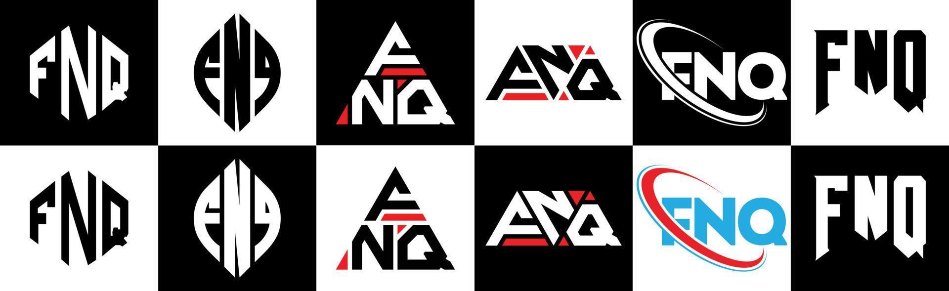 diseño de logotipo de letra fnq en seis estilos. fnq polígono, círculo, triángulo, hexágono, estilo plano y simple con logotipo de letra de variación de color blanco y negro en una mesa de trabajo. fnq logotipo minimalista y clásico vector