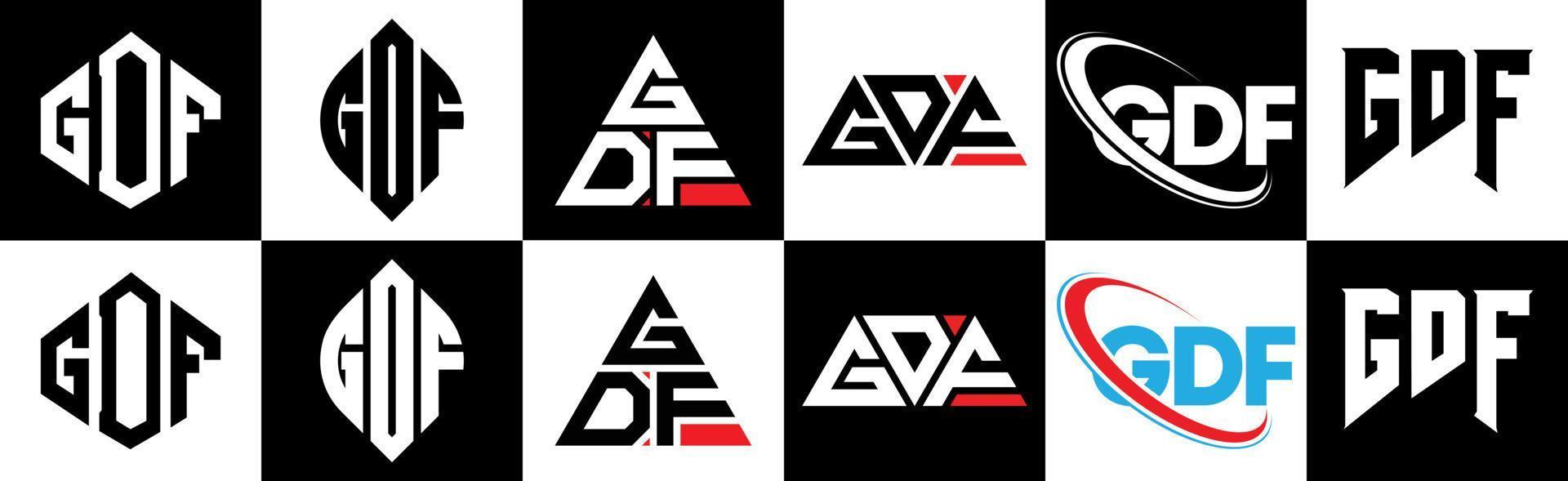 GDF letter logo design in six style. GDF polygon, circle, triangle, hexagon, flat and simple style with black and white color variation letter logo set in one artboard. GDF minimalist and classic logo vector
