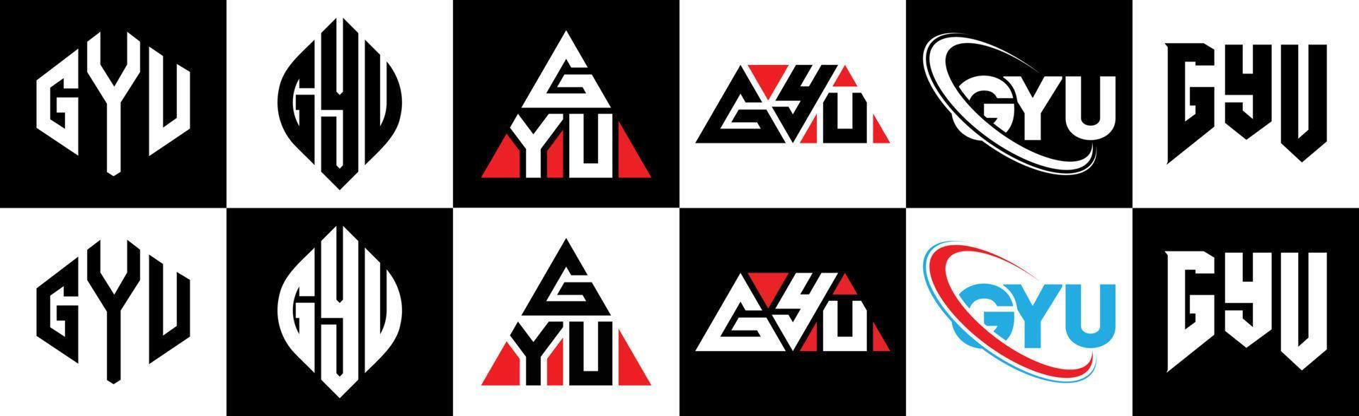 diseño de logotipo de letra gyu en seis estilos. polígono gyu, círculo, triángulo, hexágono, estilo plano y simple con logotipo de letra de variación de color blanco y negro en una mesa de trabajo. logotipo minimalista y clásico de gyu vector