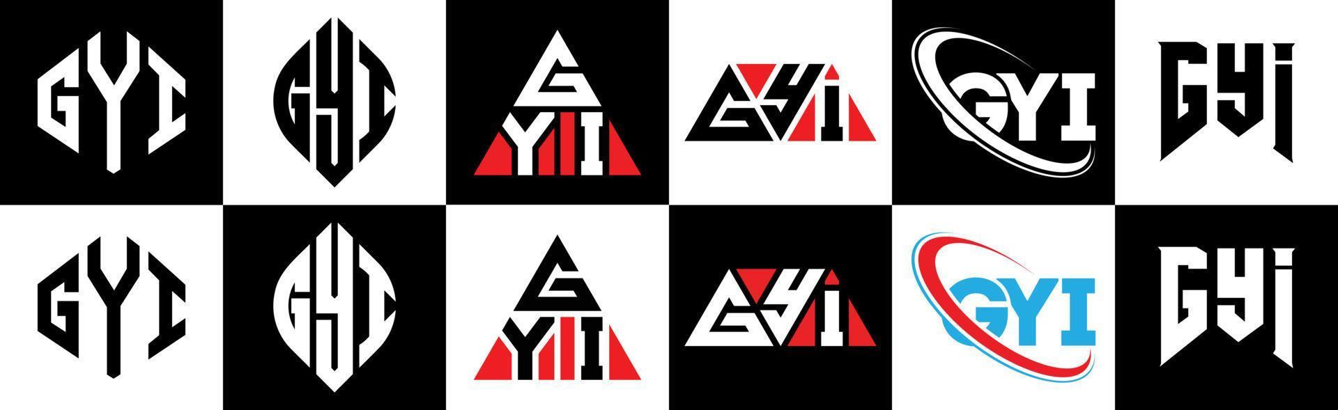 diseño de logotipo de letra gyi en seis estilos. polígono gyi, círculo, triángulo, hexágono, estilo plano y simple con logotipo de letra de variación de color blanco y negro en una mesa de trabajo. logotipo minimalista y clásico de gyi vector