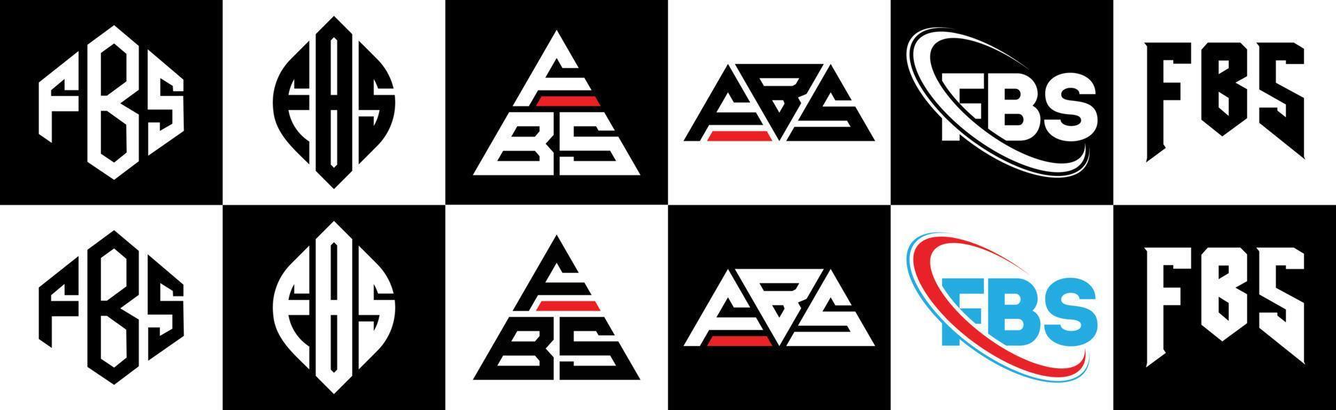 diseño de logotipo de letra fbs en seis estilos. fbs polígono, círculo, triángulo, hexágono, estilo plano y simple con logotipo de letra de variación de color blanco y negro en una mesa de trabajo. logo minimalista y clásico de fbs vector