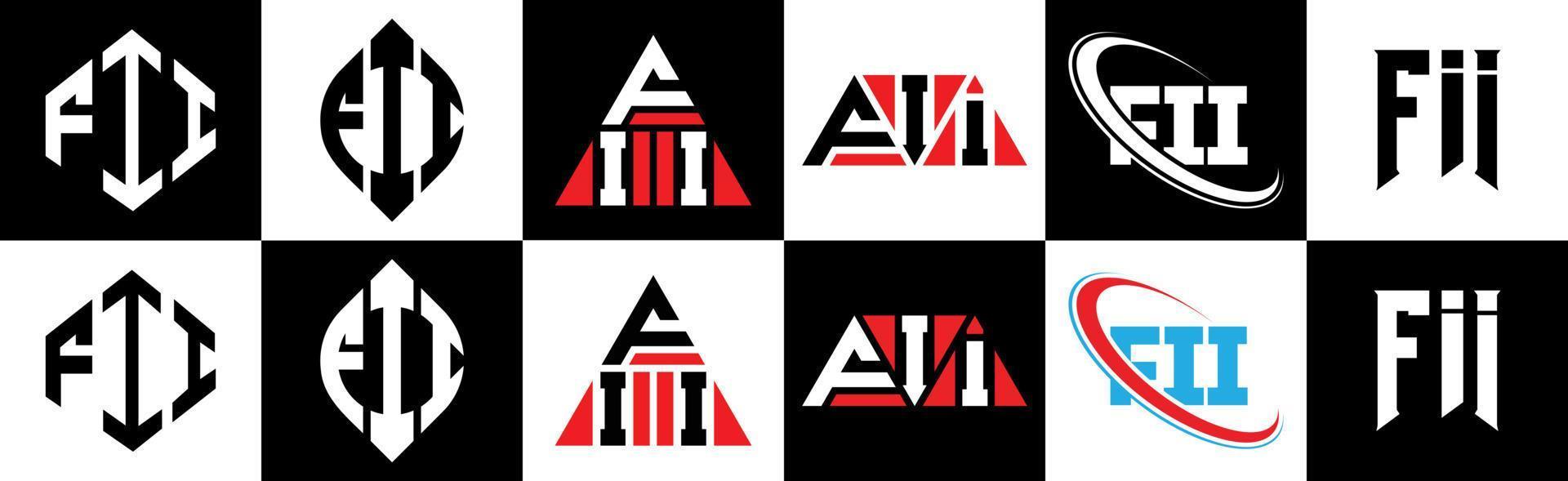 diseño de logotipo de letra fii en seis estilos. fii polígono, círculo, triángulo, hexágono, estilo plano y simple con logotipo de letra de variación de color blanco y negro en una mesa de trabajo. fii logotipo minimalista y clásico vector