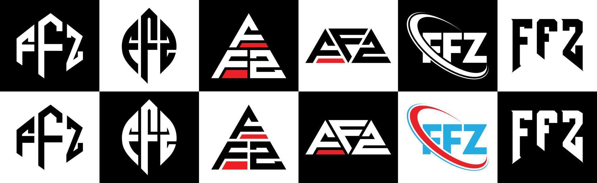 diseño de logotipo de letra ffz en seis estilos. polígono ffz, círculo, triángulo, hexágono, estilo plano y simple con logotipo de letra de variación de color blanco y negro en una mesa de trabajo. logotipo minimalista y clásico de ffz vector