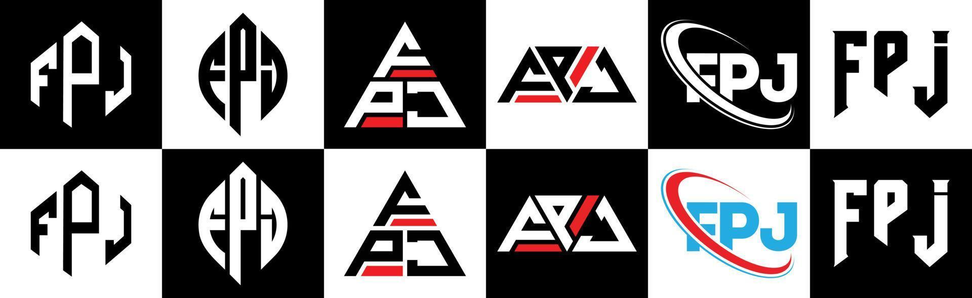 FPJ letter logo design in six style. FPJ polygon, circle, triangle, hexagon, flat and simple style with black and white color variation letter logo set in one artboard. FPJ minimalist and classic logo vector