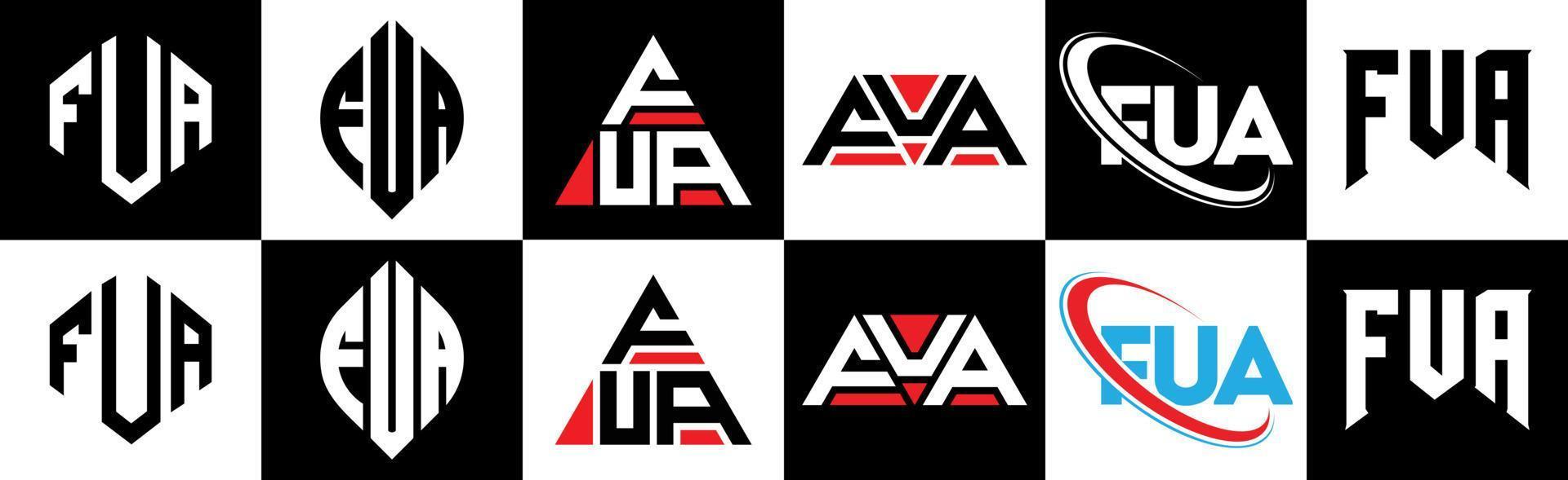 diseño de logotipo de letra fua en seis estilos. fua polígono, círculo, triángulo, hexágono, estilo plano y simple con logotipo de letra de variación de color blanco y negro en una mesa de trabajo. logotipo fua minimalista y clásico vector