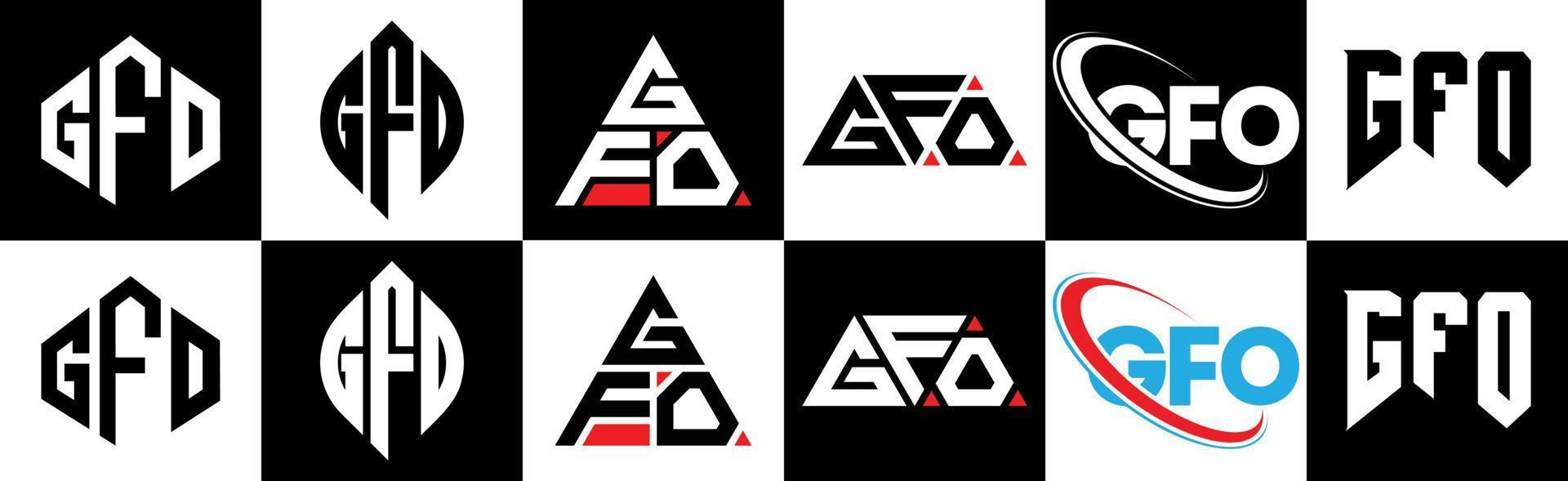 GFO letter logo design in six style. GFO polygon, circle, triangle, hexagon, flat and simple style with black and white color variation letter logo set in one artboard. GFO minimalist and classic logo vector