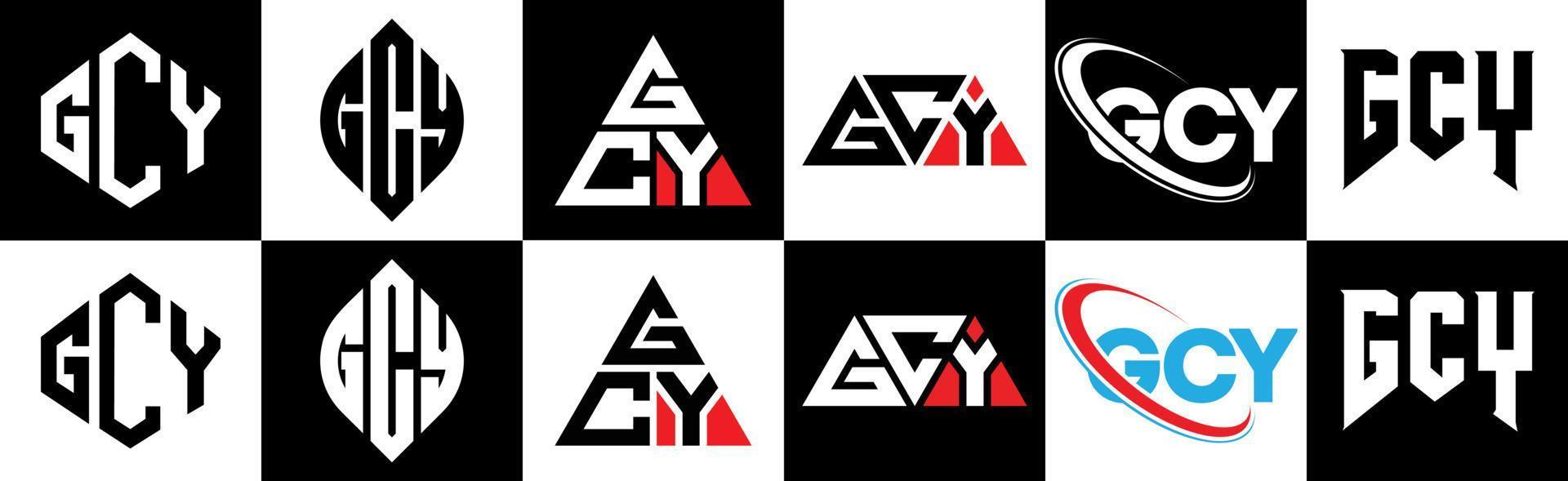 GCY letter logo design in six style. GCY polygon, circle, triangle, hexagon, flat and simple style with black and white color variation letter logo set in one artboard. GCY minimalist and classic logo vector