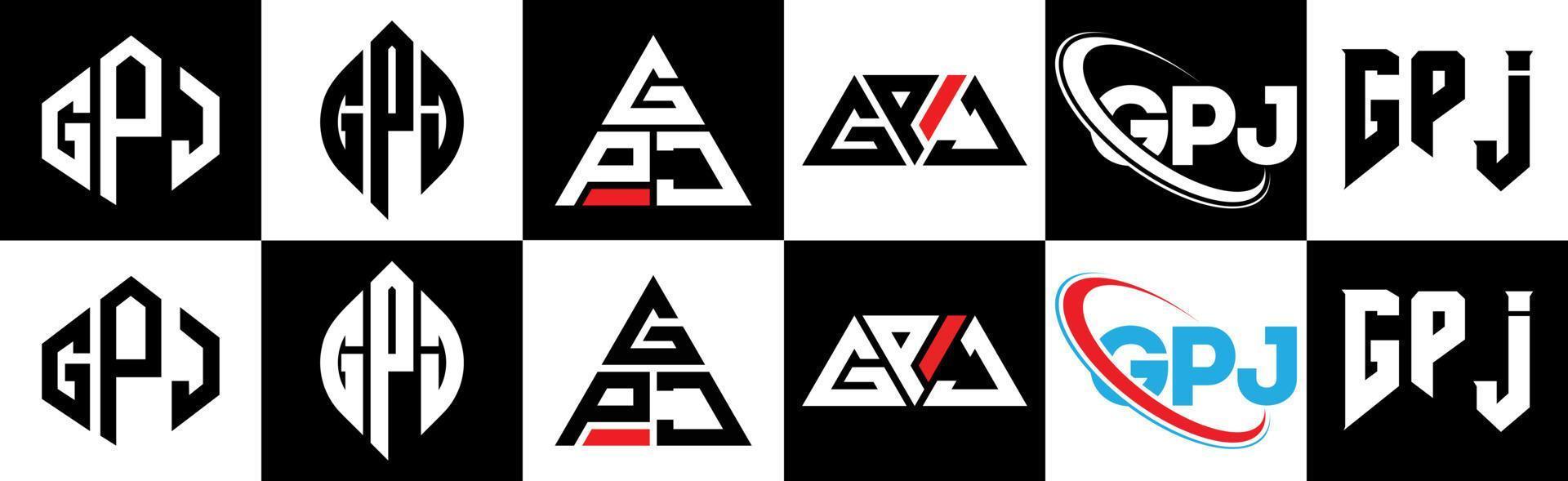 Diseño de logotipo de letra gpj en seis estilos. gpj polígono, círculo, triángulo, hexágono, estilo plano y simple con logotipo de letra de variación de color blanco y negro en una mesa de trabajo. logotipo minimalista y clásico de gpj vector
