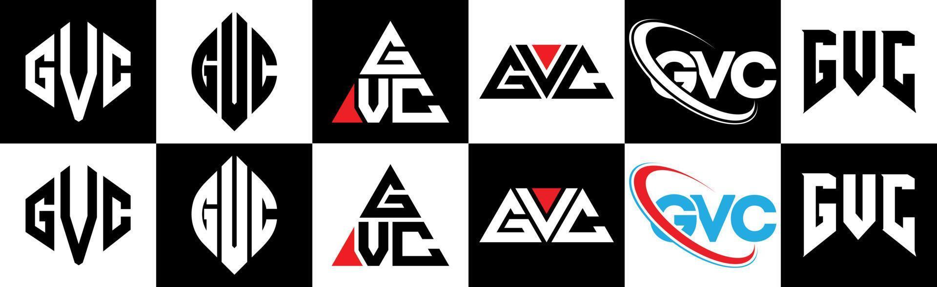 GVC letter logo design in six style. GVC polygon, circle, triangle, hexagon, flat and simple style with black and white color variation letter logo set in one artboard. GVC minimalist and classic logo vector