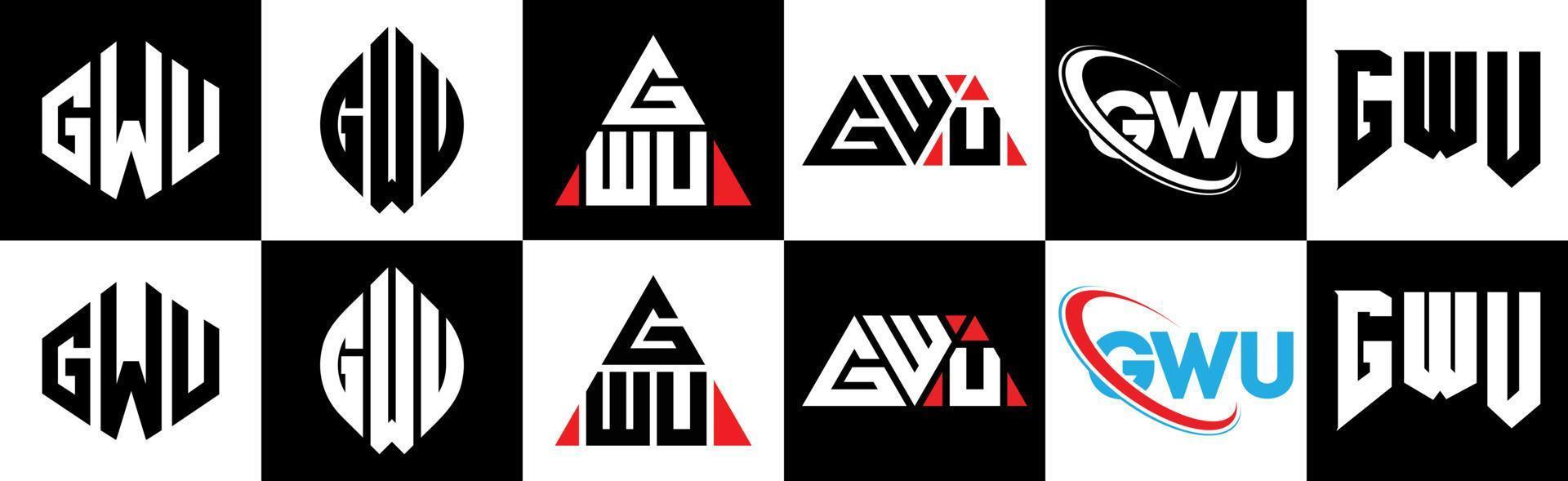 GWU letter logo design in six style. GWU polygon, circle, triangle, hexagon, flat and simple style with black and white color variation letter logo set in one artboard. GWU minimalist and classic logo vector