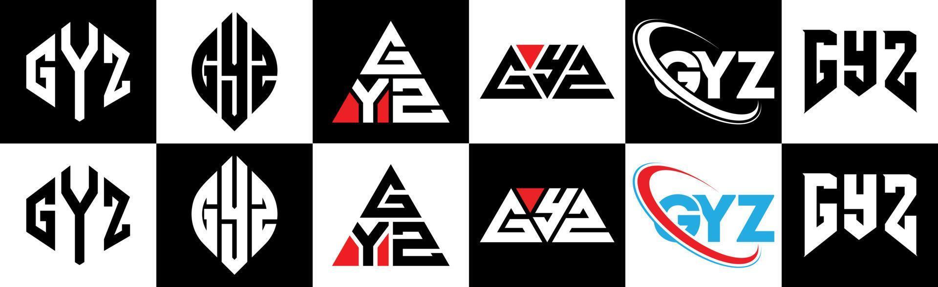 diseño de logotipo de letra gyz en seis estilos. polígono gyz, círculo, triángulo, hexágono, estilo plano y simple con logotipo de letra de variación de color blanco y negro en una mesa de trabajo. logotipo minimalista y clásico de gyz vector