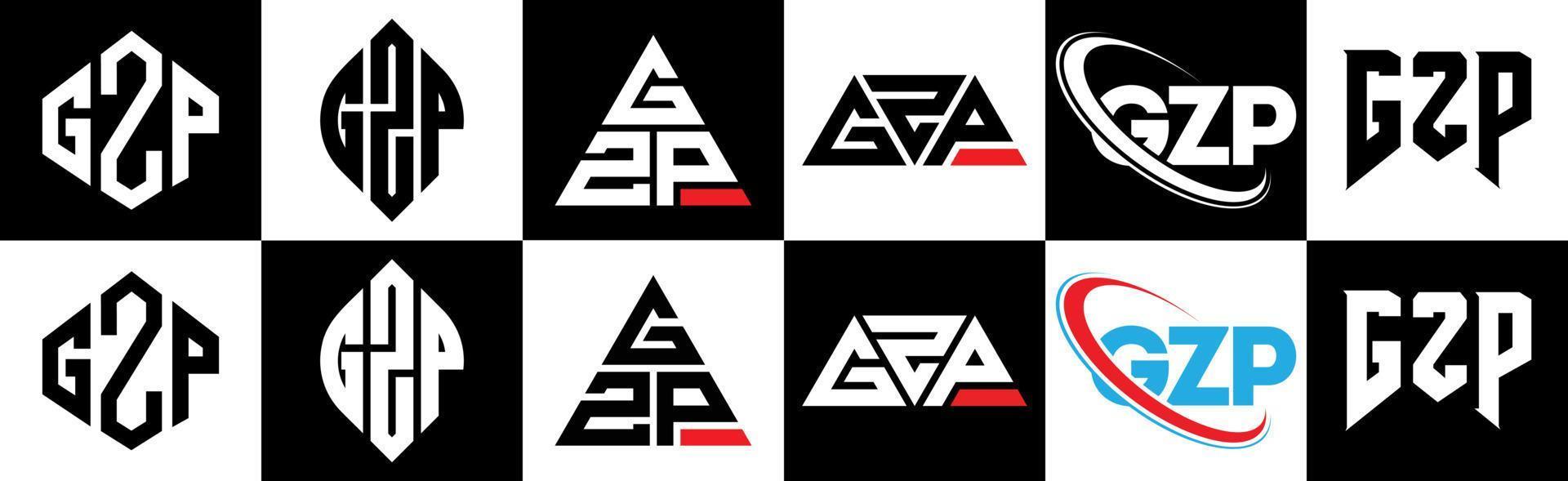 Diseño de logotipo de letra gzp en seis estilos. polígono gzp, círculo, triángulo, hexágono, estilo plano y simple con logotipo de letra de variación de color blanco y negro en una mesa de trabajo. logotipo minimalista y clásico de gzp vector