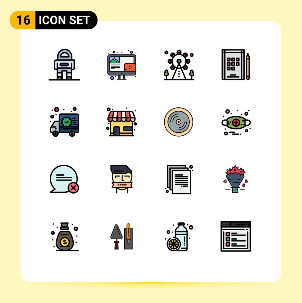 16 interfaz de usuario paquete de líneas llenas de color plano de signos y símbolos modernos de entrega de tiempo libro de notas de vacaciones elementos de diseño de vectores creativos editables