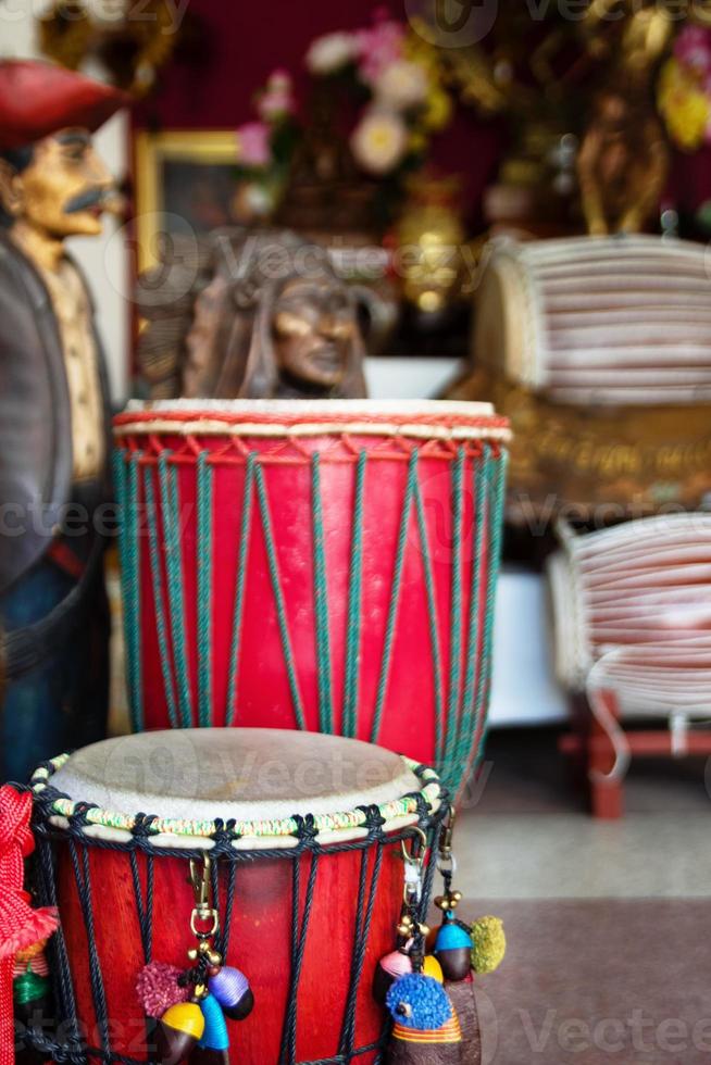 African drums or djembe inside a music shop. Chiang Mai, Thailand. photo