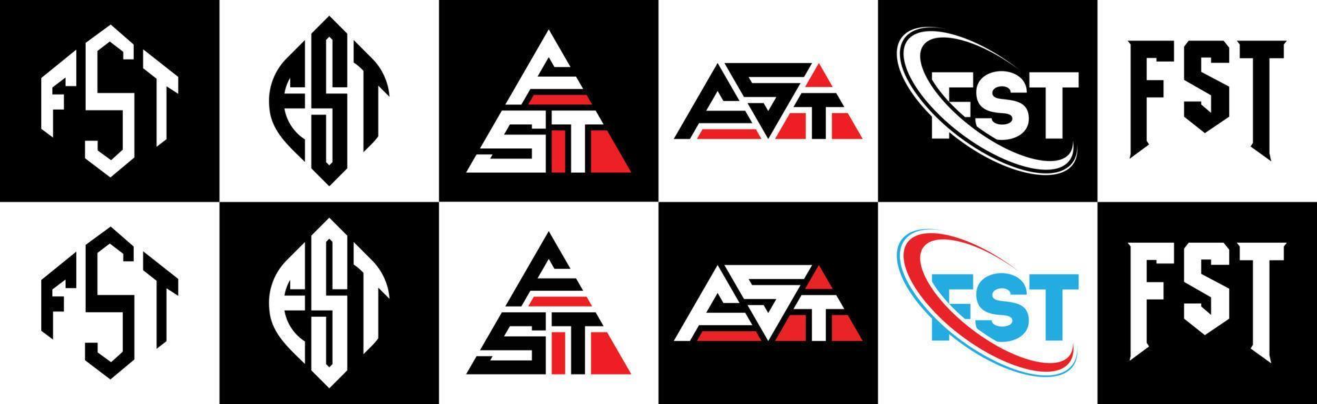 FST letter logo design in six style. FST polygon, circle, triangle, hexagon, flat and simple style with black and white color variation letter logo set in one artboard. FST minimalist and classic logo vector
