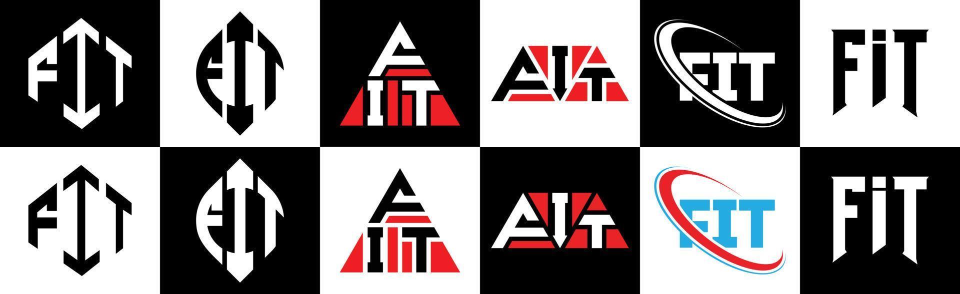 FIT letter logo design in six style. FIT polygon, circle, triangle, hexagon, flat and simple style with black and white color variation letter logo set in one artboard. FIT minimalist and classic logo vector
