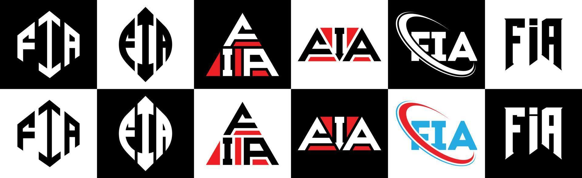 diseño de logotipo de letra fia en seis estilos. fia polígono, círculo, triángulo, hexágono, estilo plano y simple con logotipo de letra de variación de color blanco y negro en una mesa de trabajo. logotipo minimalista y clásico de fia vector