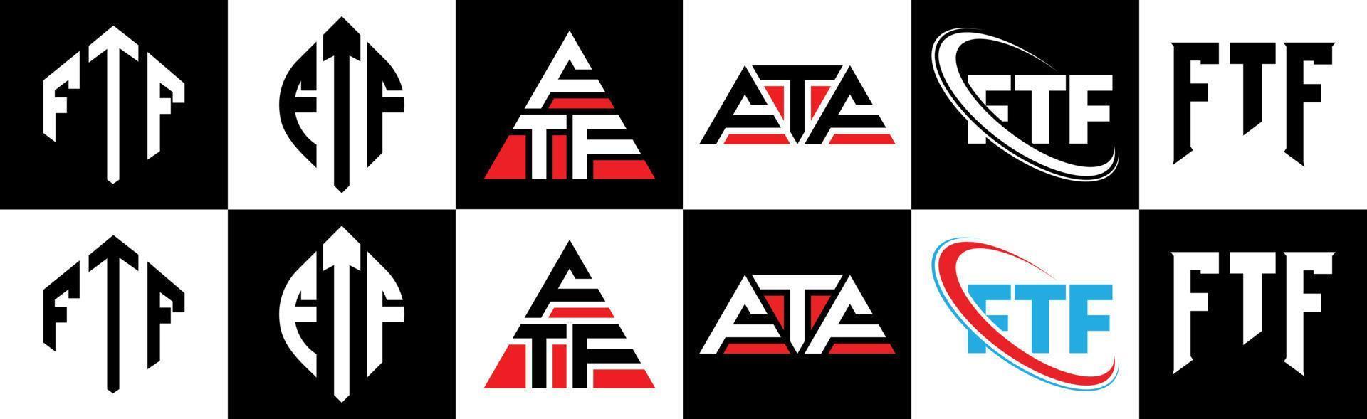 FTF letter logo design in six style. FTF polygon, circle, triangle, hexagon, flat and simple style with black and white color variation letter logo set in one artboard. FTF minimalist and classic logo vector