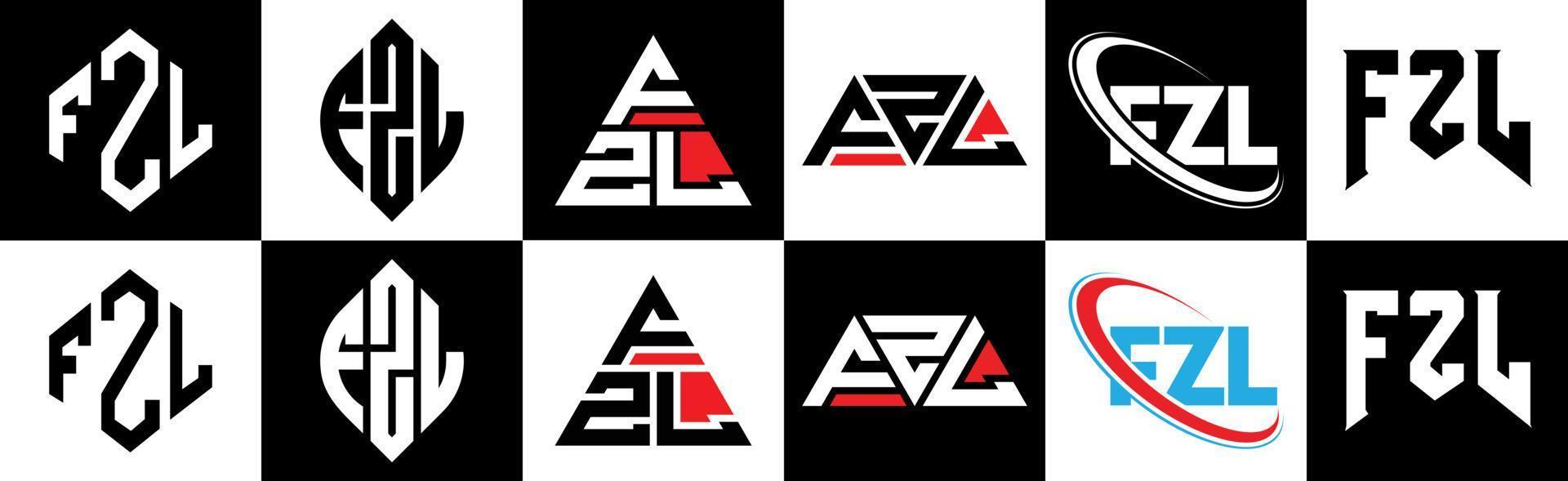 diseño de logotipo de letra fzl en seis estilos. fzl polígono, círculo, triángulo, hexágono, estilo plano y simple con logotipo de letra de variación de color blanco y negro en una mesa de trabajo. logotipo minimalista y clásico de fzl vector