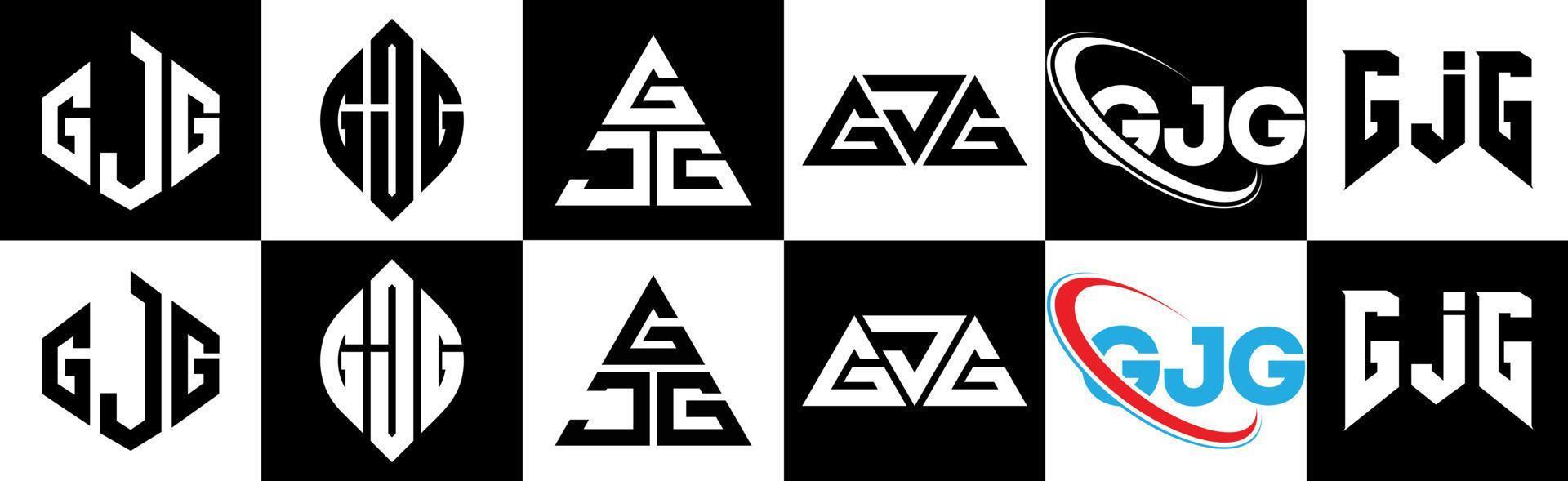 Diseño de logotipo de letra gjg en seis estilos. gjg polígono, círculo, triángulo, hexágono, estilo plano y simple con logotipo de letra de variación de color blanco y negro en una mesa de trabajo. logotipo minimalista y clásico de gjg vector