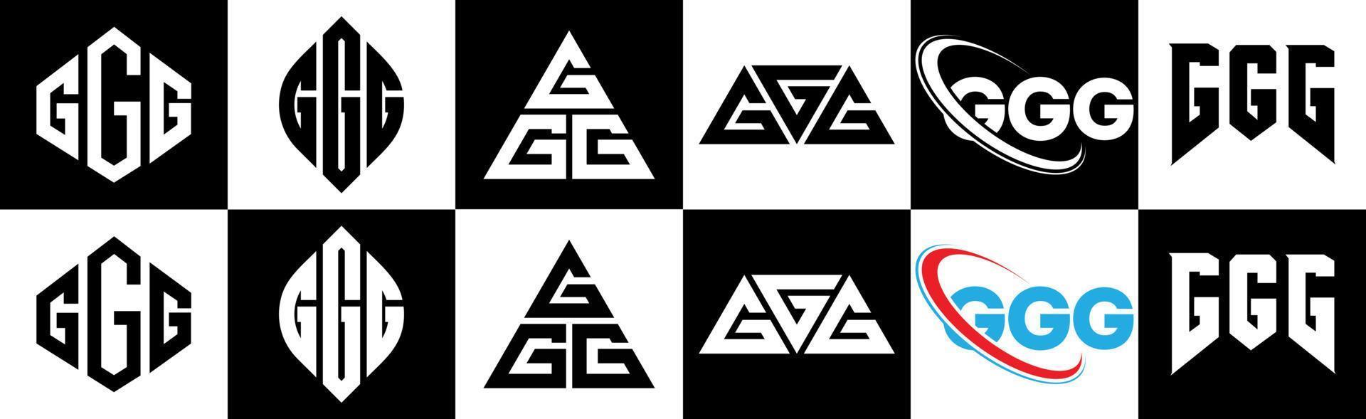 diseño de logotipo de letra ggg en seis estilos. ggg polígono, círculo, triángulo, hexágono, estilo plano y simple con logotipo de letra de variación de color blanco y negro en una mesa de trabajo. logotipo minimalista y clásico de ggg vector