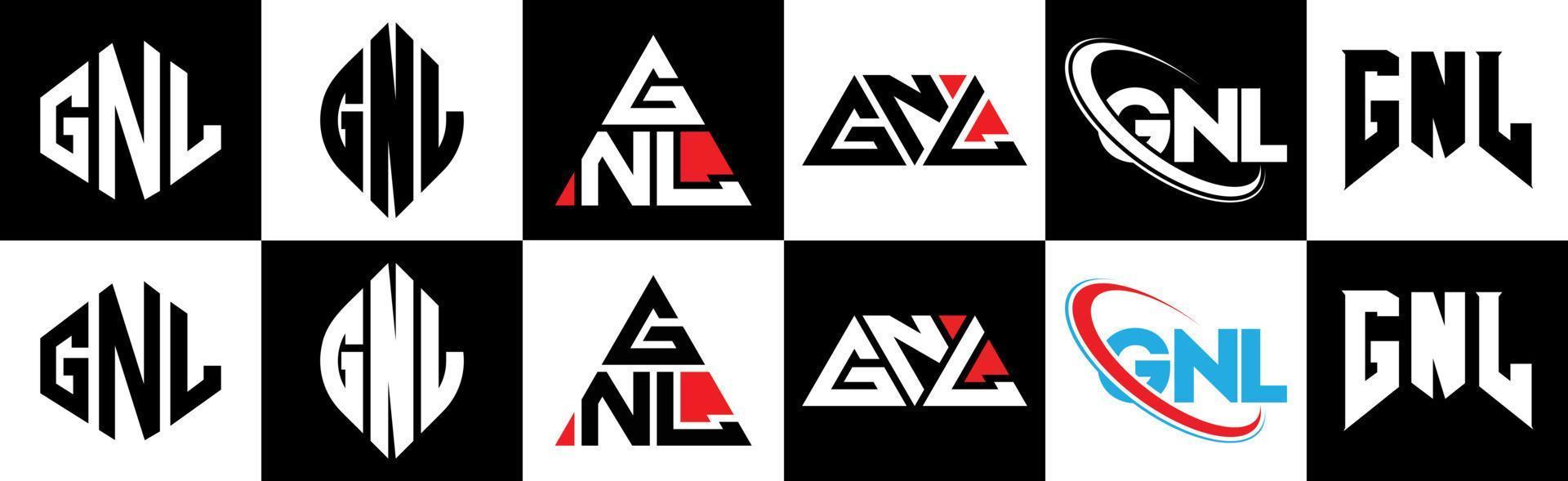 GNL letter logo design in six style. GNL polygon, circle, triangle, hexagon, flat and simple style with black and white color variation letter logo set in one artboard. GNL minimalist and classic logo vector