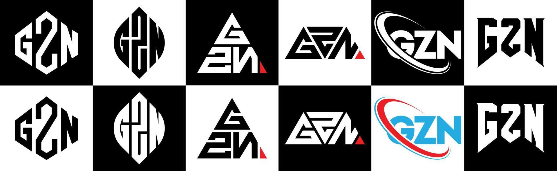 GZN letter logo design in six style. GZN polygon, circle, triangle, hexagon, flat and simple style with black and white color variation letter logo set in one artboard. GZN minimalist and classic logo vector