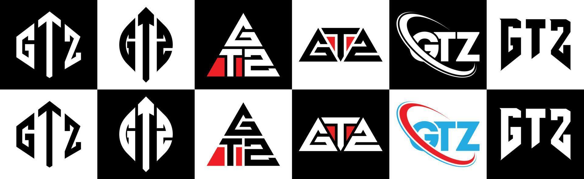 GTZ letter logo design in six style. GTZ polygon, circle, triangle, hexagon, flat and simple style with black and white color variation letter logo set in one artboard. GTZ minimalist and classic logo vector