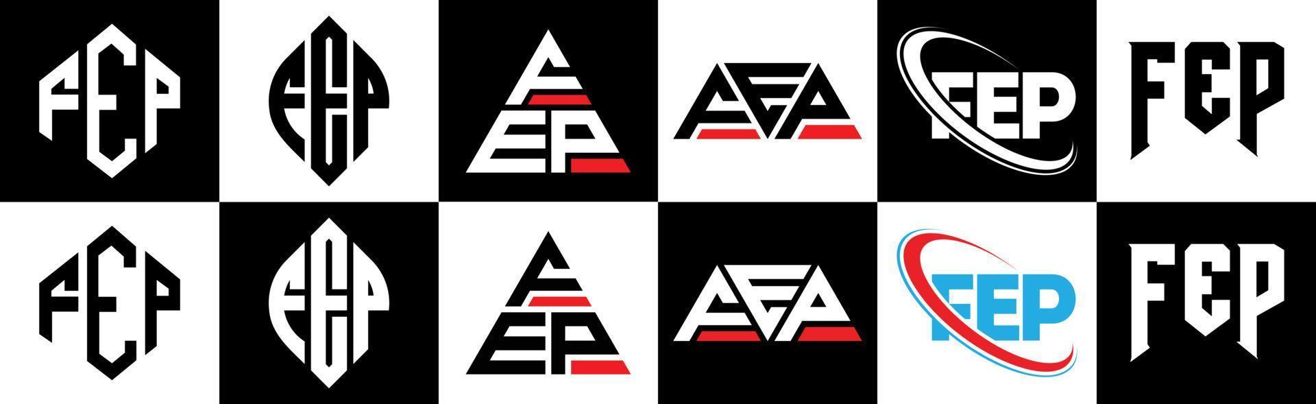 diseño de logotipo de letra fep en seis estilos. fep polígono, círculo, triángulo, hexágono, estilo plano y simple con logotipo de letra de variación de color blanco y negro en una mesa de trabajo. logotipo minimalista y clásico de fep vector