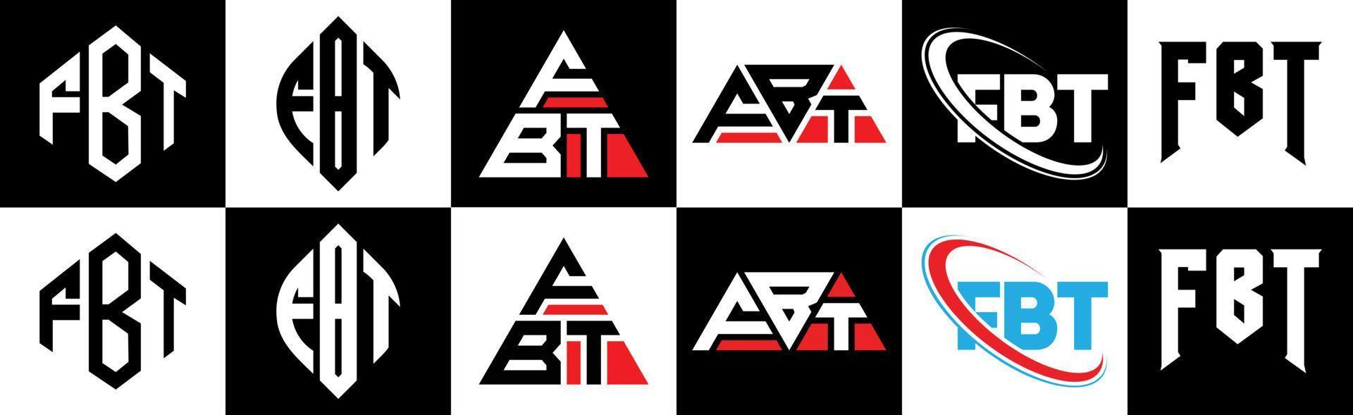 diseño de logotipo de letra fbt en seis estilos. fbt polígono, círculo, triángulo, hexágono, estilo plano y simple con logotipo de letra de variación de color blanco y negro en una mesa de trabajo. logotipo minimalista y clásico de fbt vector