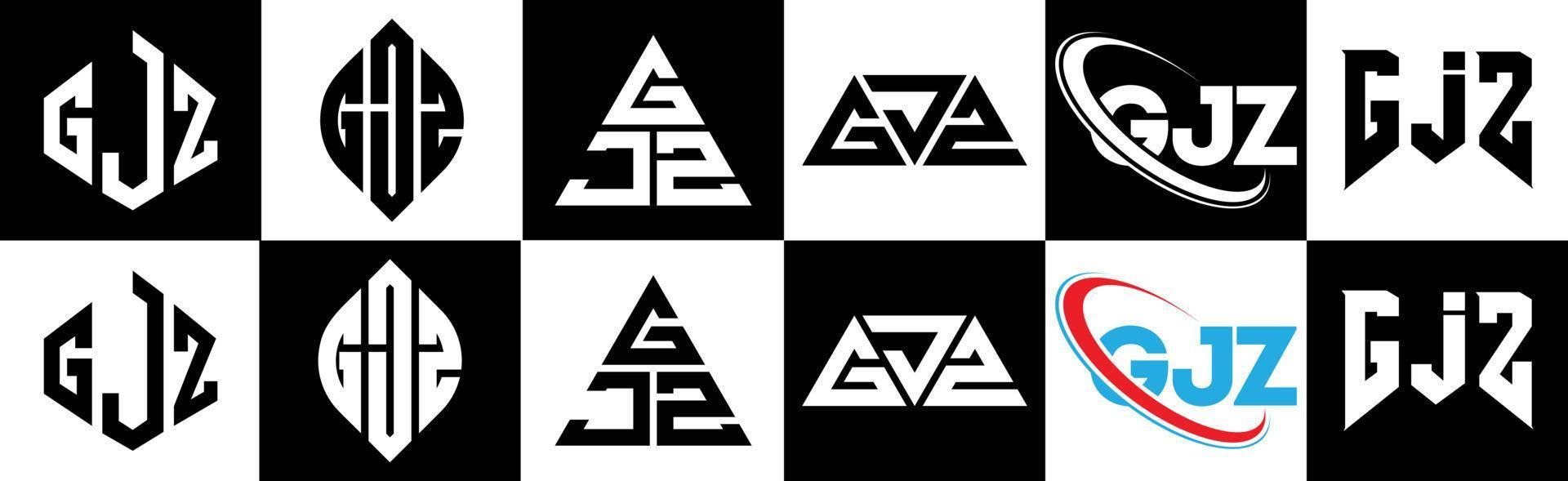 Diseño de logotipo de letra gjz en seis estilos. polígono gjz, círculo, triángulo, hexágono, estilo plano y simple con logotipo de letra de variación de color blanco y negro en una mesa de trabajo. logotipo minimalista y clásico de gjz vector