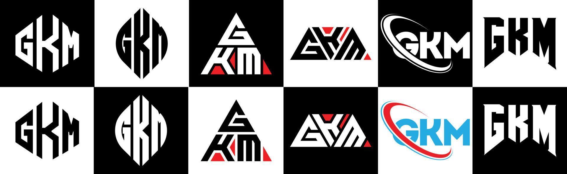 Diseño de logotipo de letra gkm en seis estilos. gkm polígono, círculo, triángulo, hexágono, estilo plano y simple con logotipo de letra de variación de color blanco y negro en una mesa de trabajo. logotipo minimalista y clásico de gkm vector