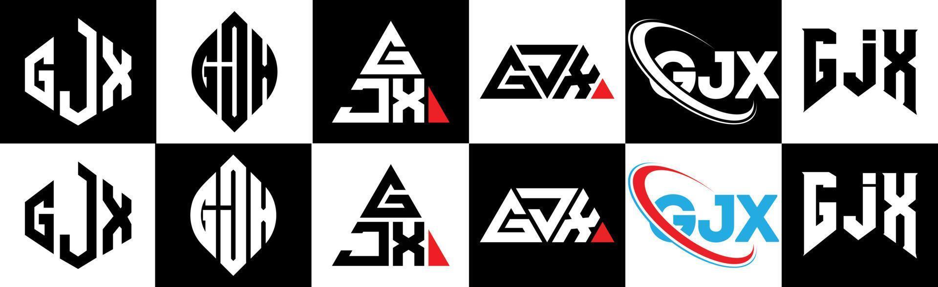 Diseño de logotipo de letra gjx en seis estilos. gjx polígono, círculo, triángulo, hexágono, estilo plano y simple con logotipo de letra de variación de color blanco y negro en una mesa de trabajo. logotipo minimalista y clásico de gjx vector