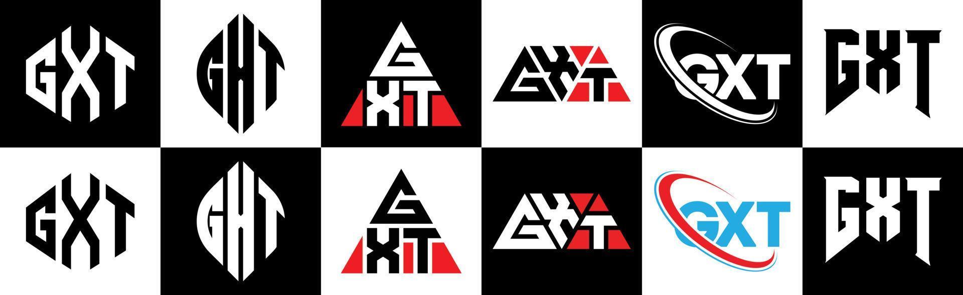 GXT letter logo design in six style. GXT polygon, circle, triangle, hexagon, flat and simple style with black and white color variation letter logo set in one artboard. GXT minimalist and classic logo vector