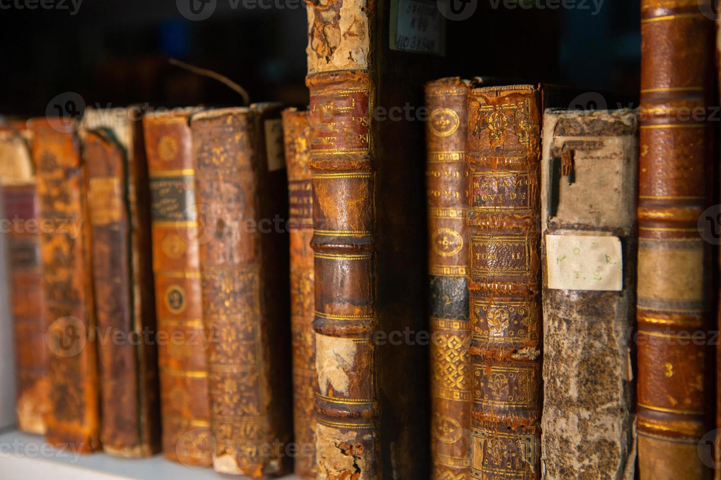 libros muy antiguos sentados en los estantes de la biblioteca. libros como símbolo del conocimiento. foto